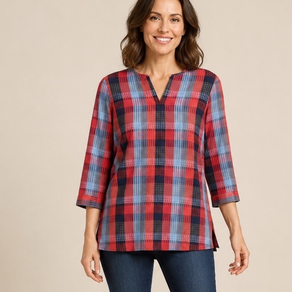 Brooks Brothers Womens Red Blue Plaid Cotton 3/4 Sleeve V-Neck Tunic Top Size 4